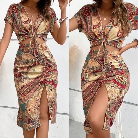 Boho floral paisley print crop top and slit thigh midi skirt set - Picture 1 of 4